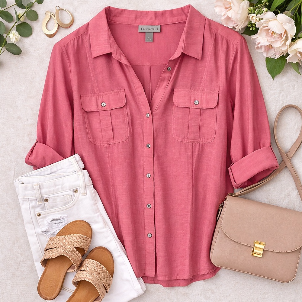 Roz & Ali XL Pink Utility Blouse Roll Tab Sleeve Button Up Top - Picture 2 of 7
